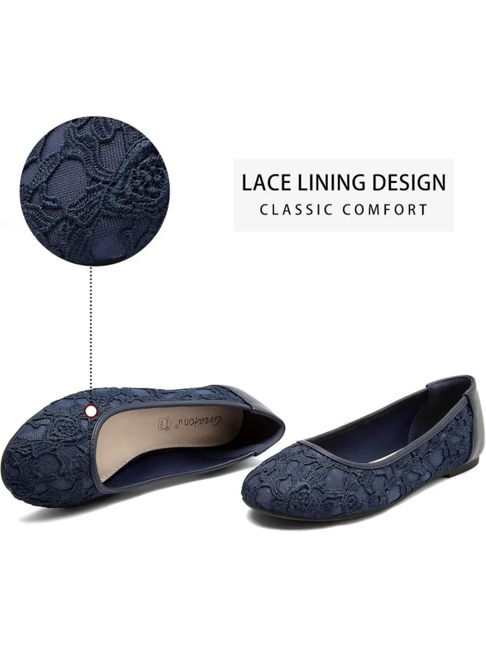 Women's Navy Blue Lining Lace Ballerina Flats Round Toe Slip on Floral Shoes